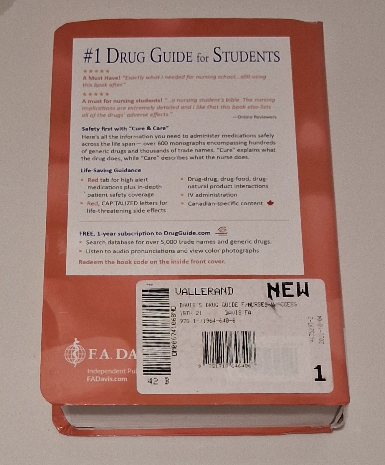 Davis’s Drug Guide for Nurses, 18th Edition Like New – Unused Access Code